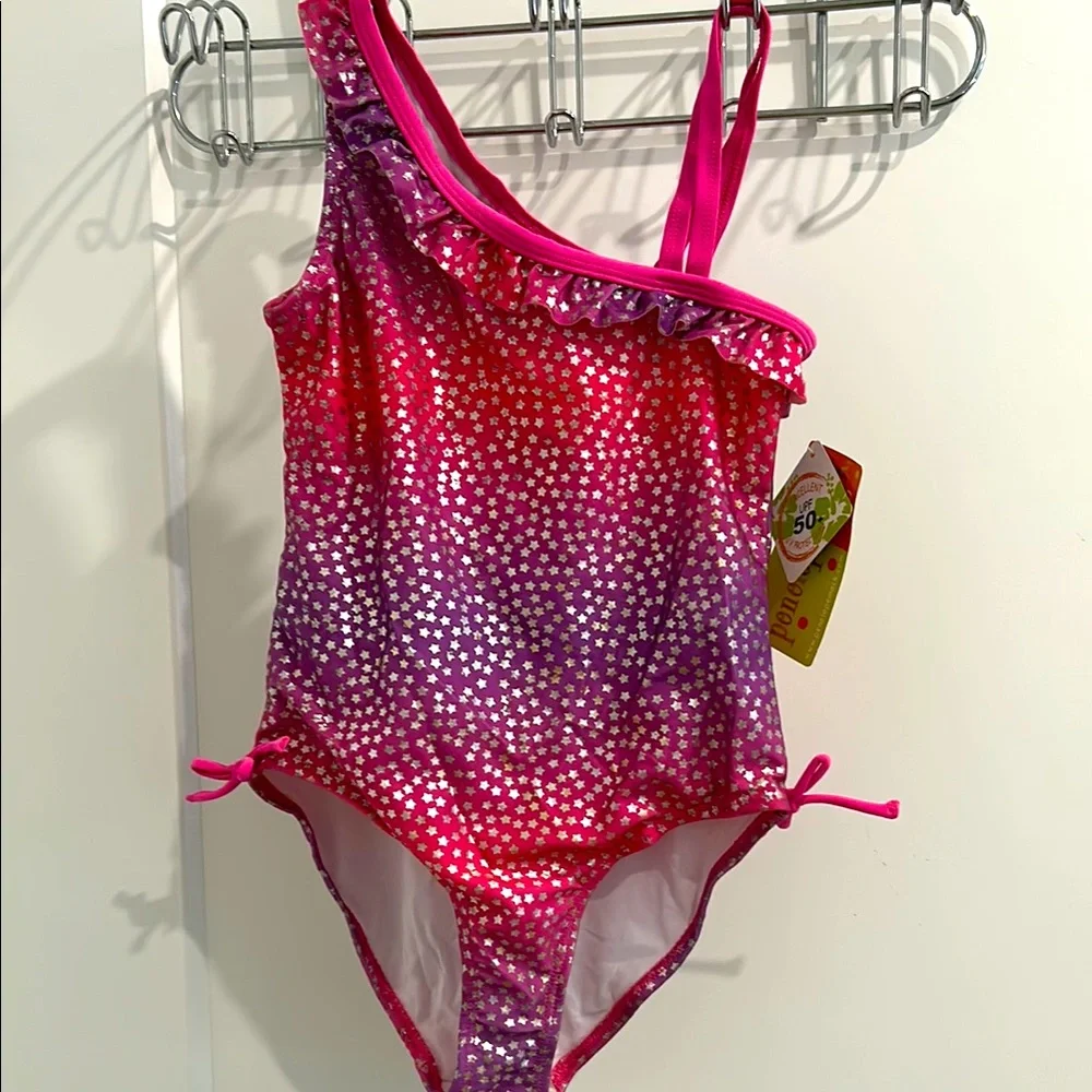 NWT Penelope Mack Ruffled Ombré Metallic Stars Swimsuit UPF 50 /Size 10
